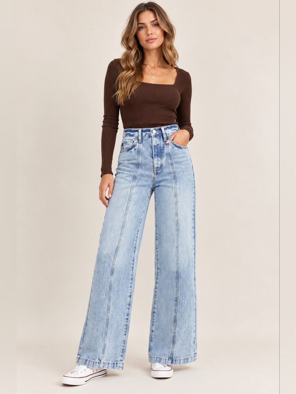 KanCan 90's Wide Leg Jeans Rigid Cotton HR Front Seam Light Retro 3/25 NEW